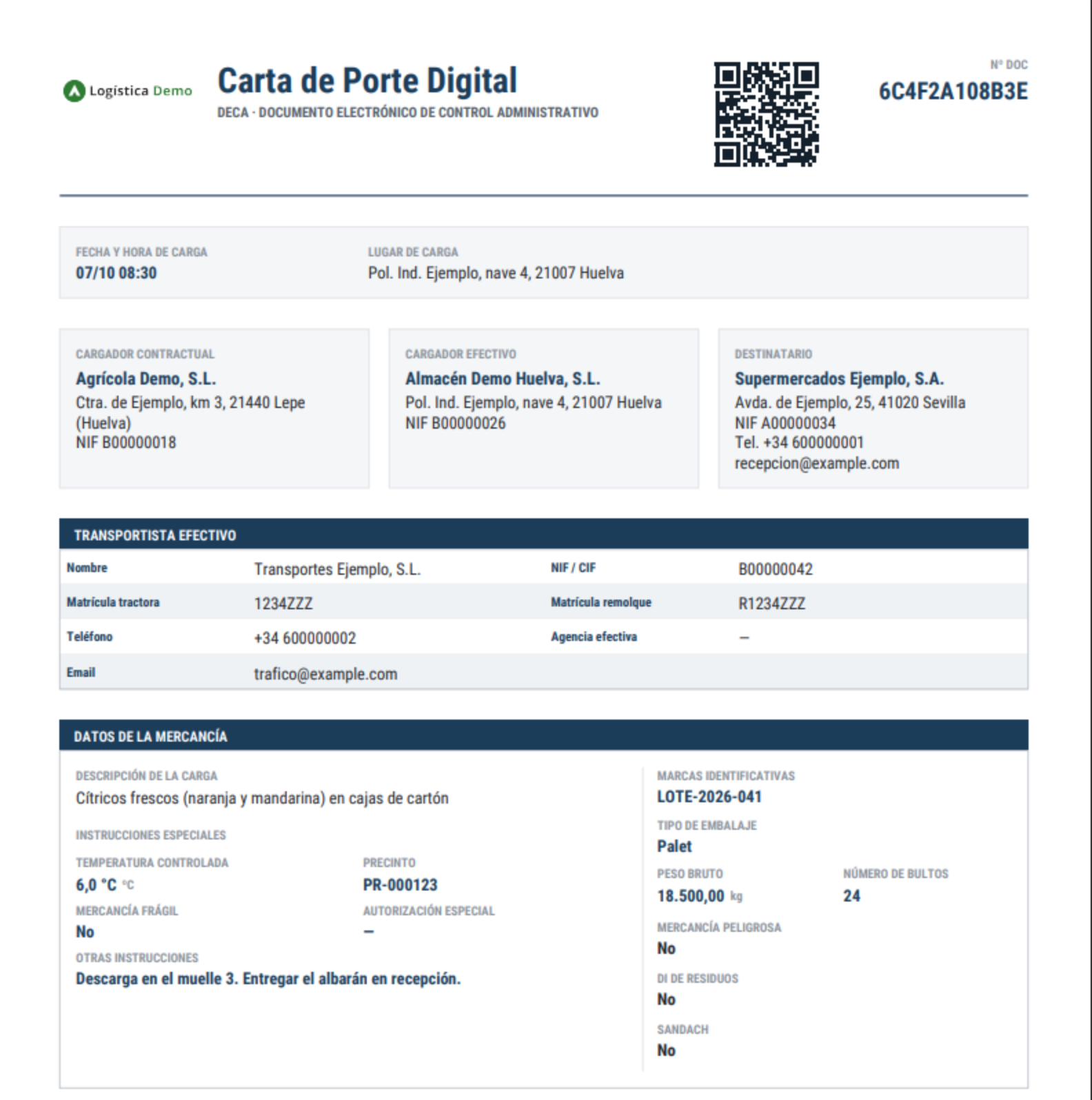 Carta de porte digital (DeCA) emitida con Logistic Trace: PDF con código QR, cargador contractual, cargador efectivo, destinatario, transportista y mercancía